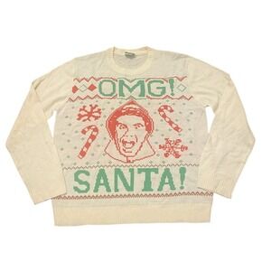 Elf Ugly Christmas Sweater‎ Women's L Ivory Green Red "OMG! Santa" Crewneck